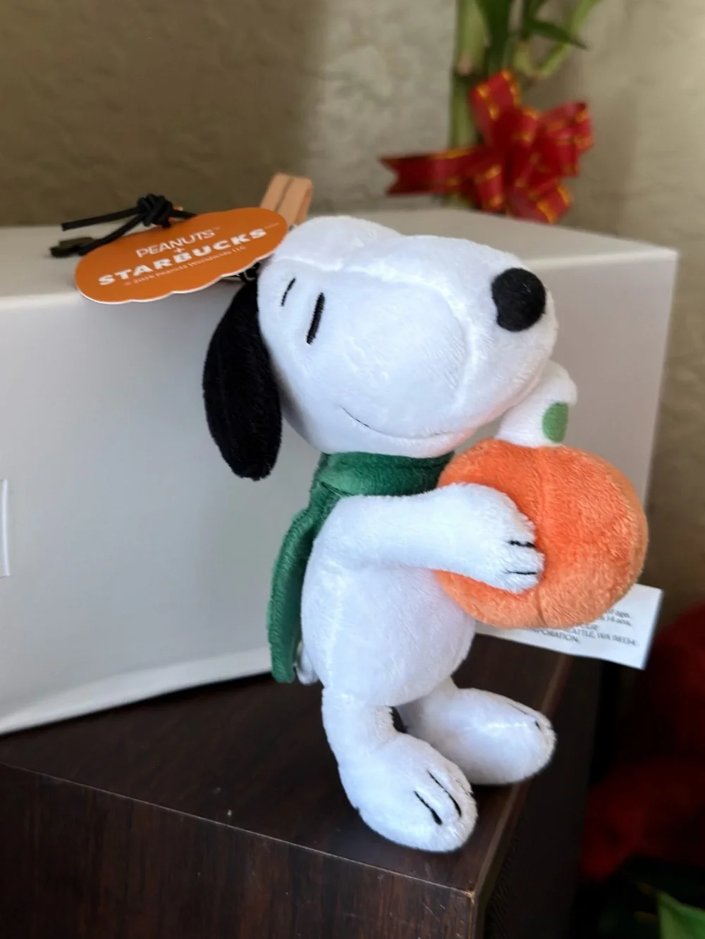Peanuts Snoopy Plush with Orange Pumpkin and Green Scarf - Starbucks Tag